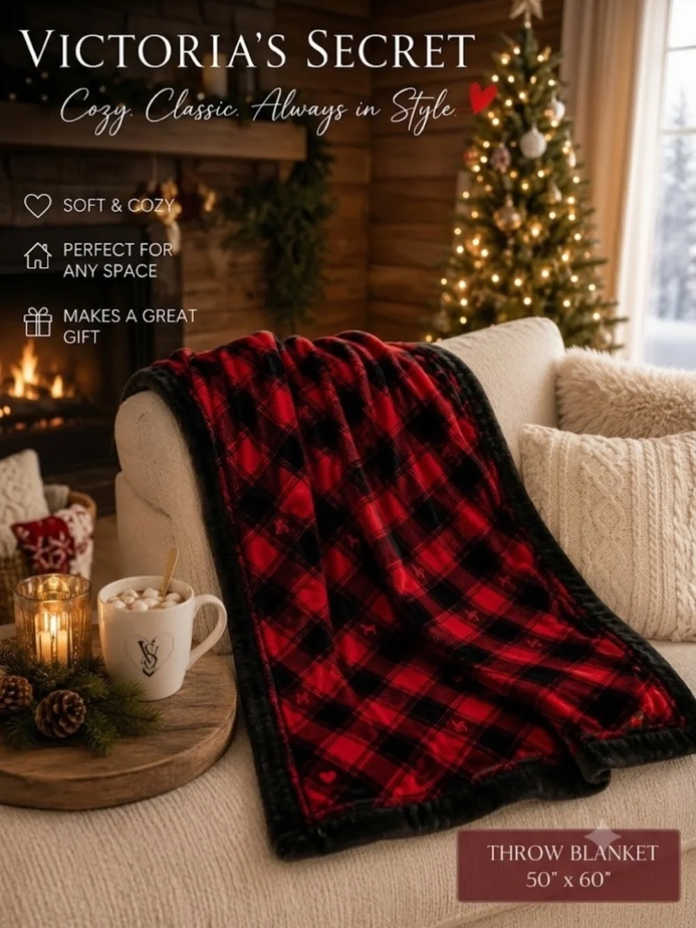 NWOB Victoria's Secret Red Buffalo Plaid Throw Blanket 50